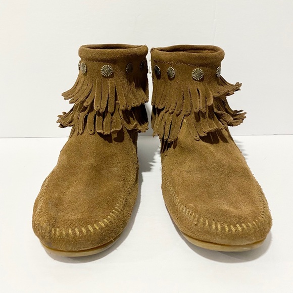 Minnetonka Double Fringe Suede Moccasin Booties - Picture 4 of 12